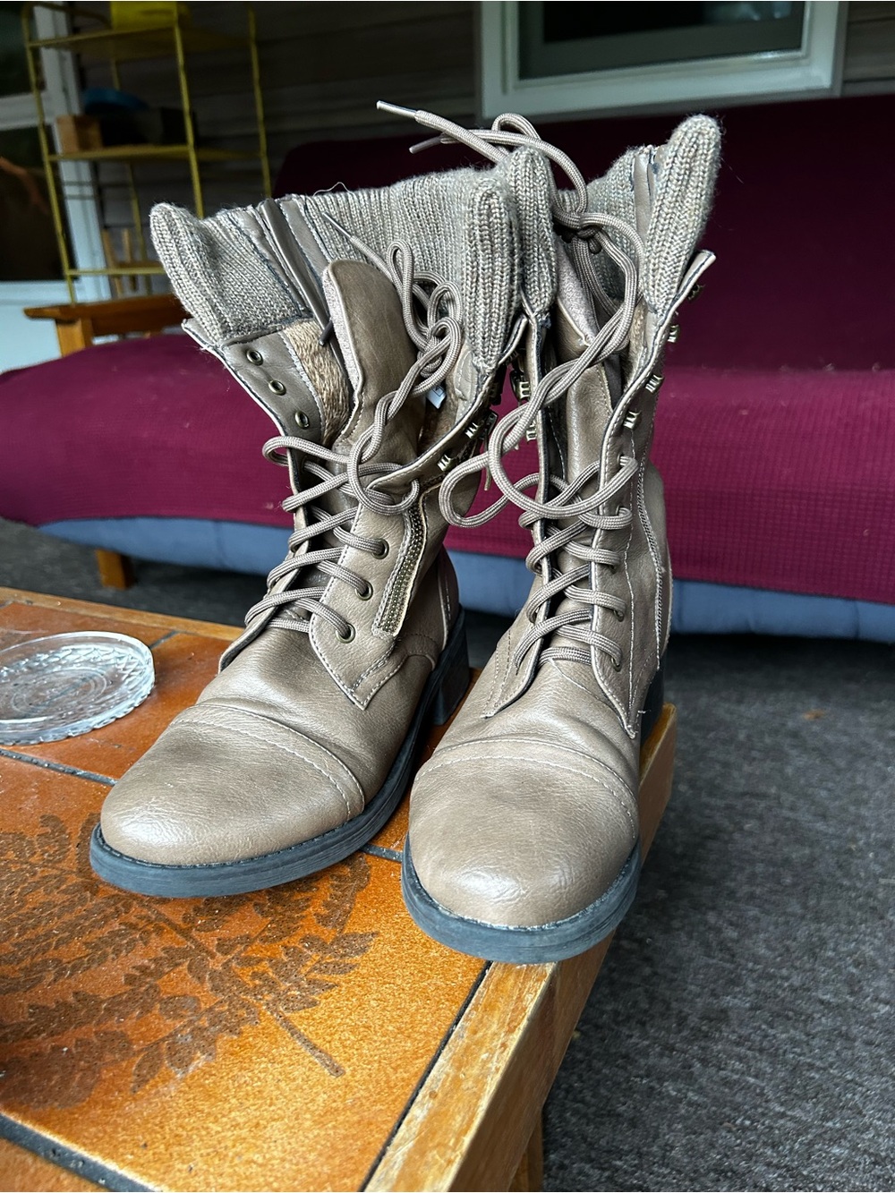 Dream Pairs Women's Lace-Up Knit Cuff Combat Boots - Taupe